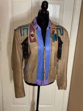 Couture Hand Painted Fringe Jacket Made By Black Feather Designs 80S/90S Era Med